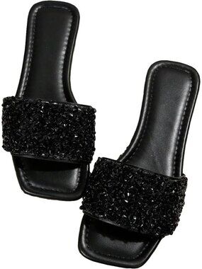 Women's Black Leather Sparkly Jeweled Dressy Open Toe Glitter Shiny Flat Sandals